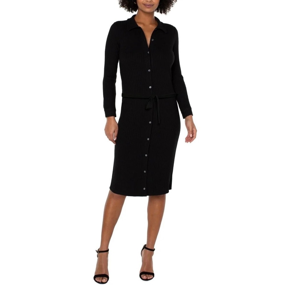 NWT Liverpool Button Front Long Sleeve Rib Knit Shirt Dress Black XS LM8B14K61